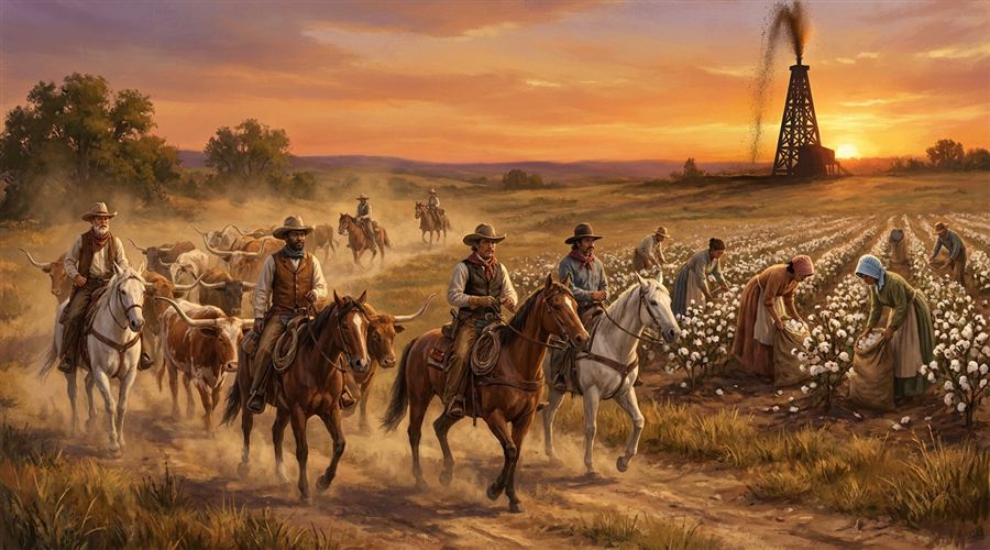 A Texas landscape blending a cattle trail, a cotton field, and an oil derrick under a big sky, painted in warm evening light.