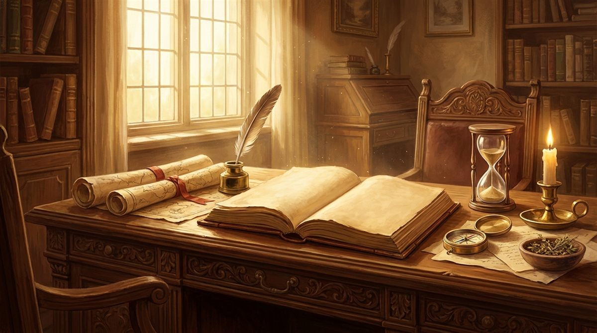 A historian's desk in warm candlelight: an open book with blank parchment pages, a quill in its inkwell, rolled maps, a compass, and an hourglass with sand still falling.