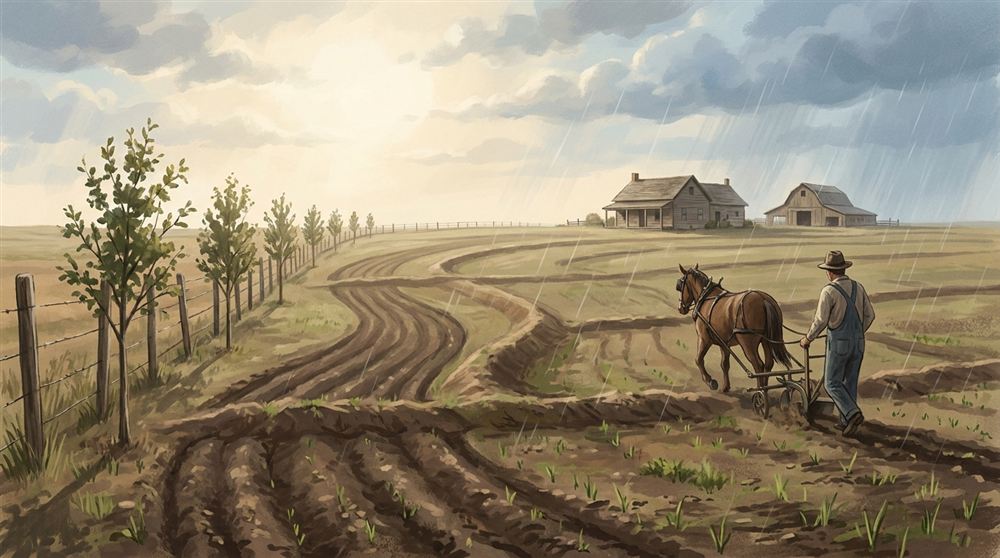 The same land recovering: curved plow rows following the hills, stair-step terraces, and young rows of trees, under a gentle rain.