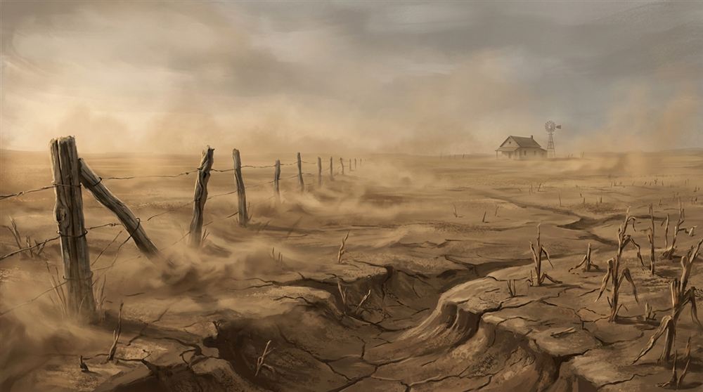 Farm fields damaged by wind and water: deep gullies cut into the dirt and soil drifted like snow against a fence.