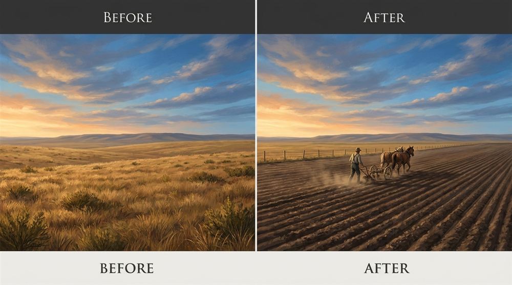 The same view after plowing: bare brown soil turned over in long straight rows, with no grass left to hold it.