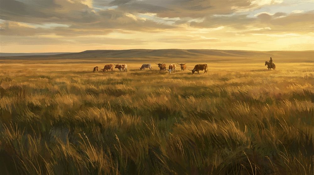The Texas Panhandle before plowing: native grass stretching to the horizon like a green-gold sea under a wide sky.