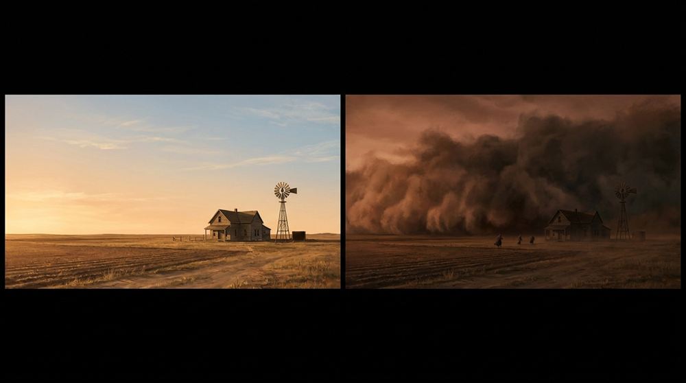 Black Sunday, April 14, 1935: a huge dark wall of dust rolling toward a farm, turning the afternoon as dark as night.