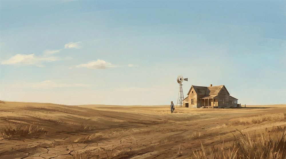 A calm, bright afternoon sky over the Texas Panhandle, with a farmhouse small in the distance.