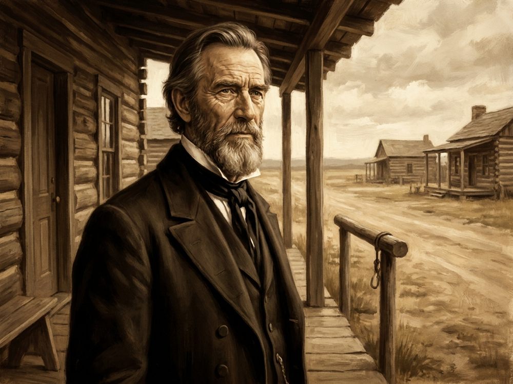 Dignified portrait of Sam Houston, president of the Republic of Texas, weathered and steady on the porch of a simple frontier home near the coast.