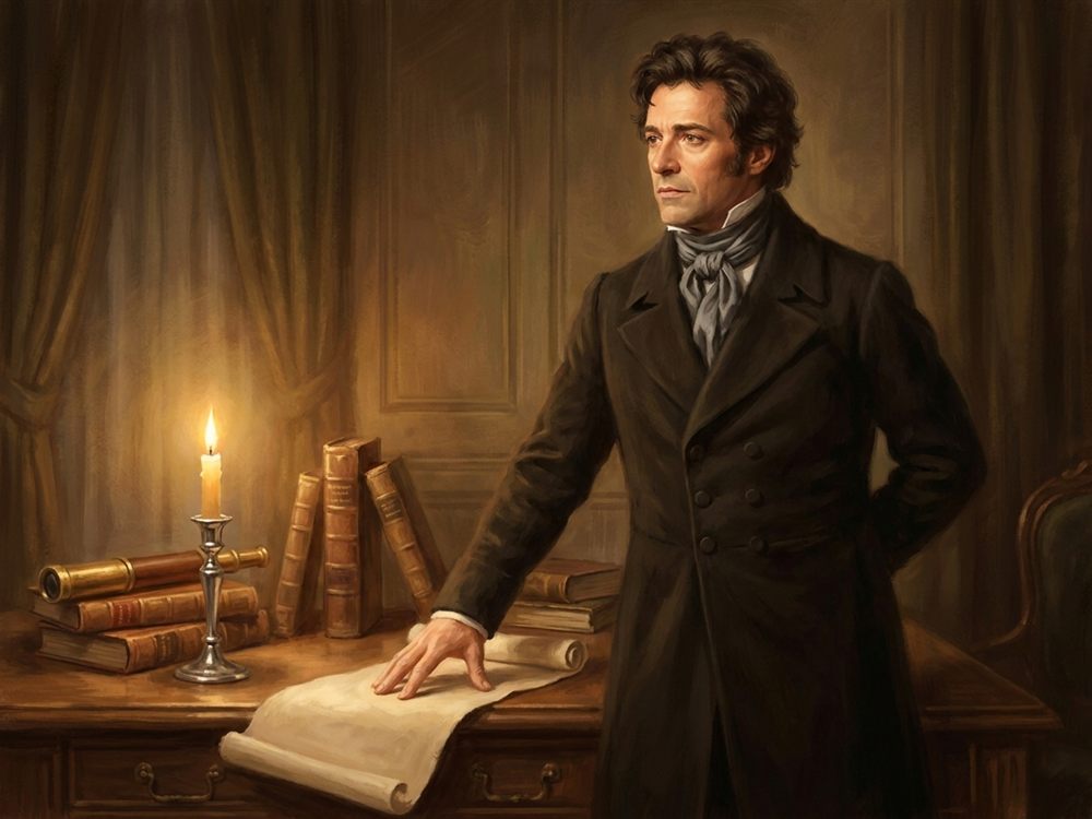 Dignified portrait of Mirabeau B. Lamar, president of the Republic of Texas, a determined visionary at a candlelit desk with books and a map scroll.