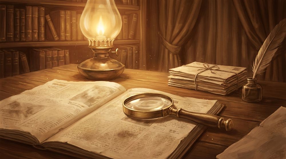 A brass magnifying glass resting on an old open newspaper in warm lamplight, on a wooden library desk.