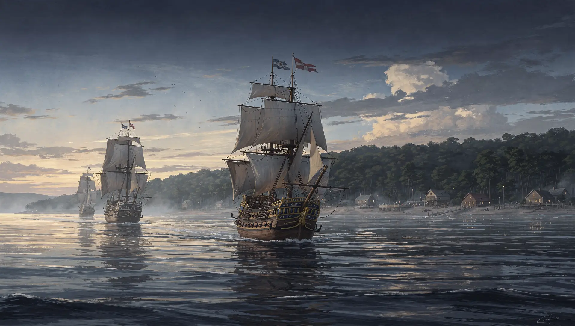 Sailing ships approaching the forested Atlantic coast at dawn, 1600s