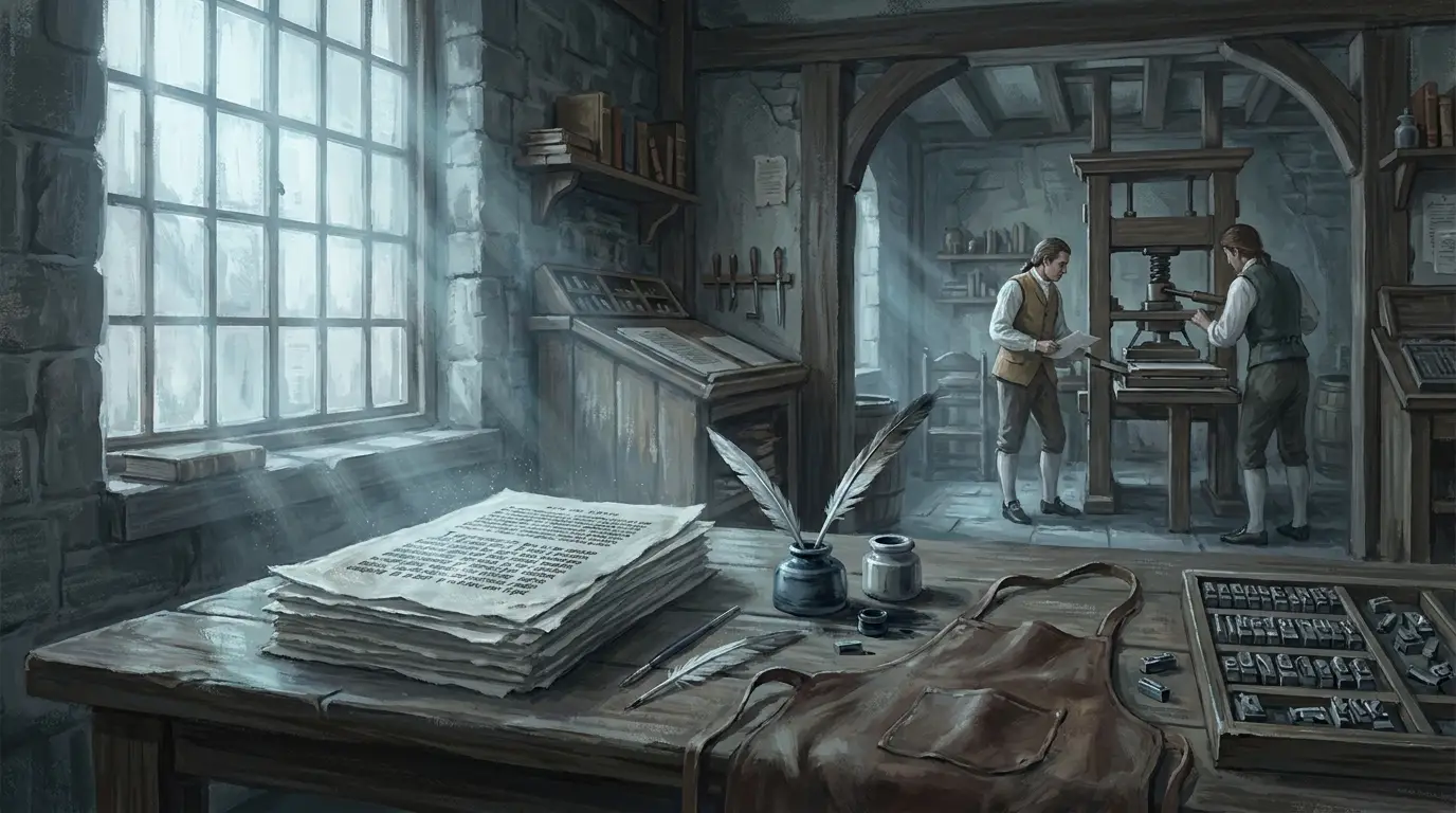 A colonial printer's workshop with freshly printed pages, quills, and ink under cool window light, 1791.