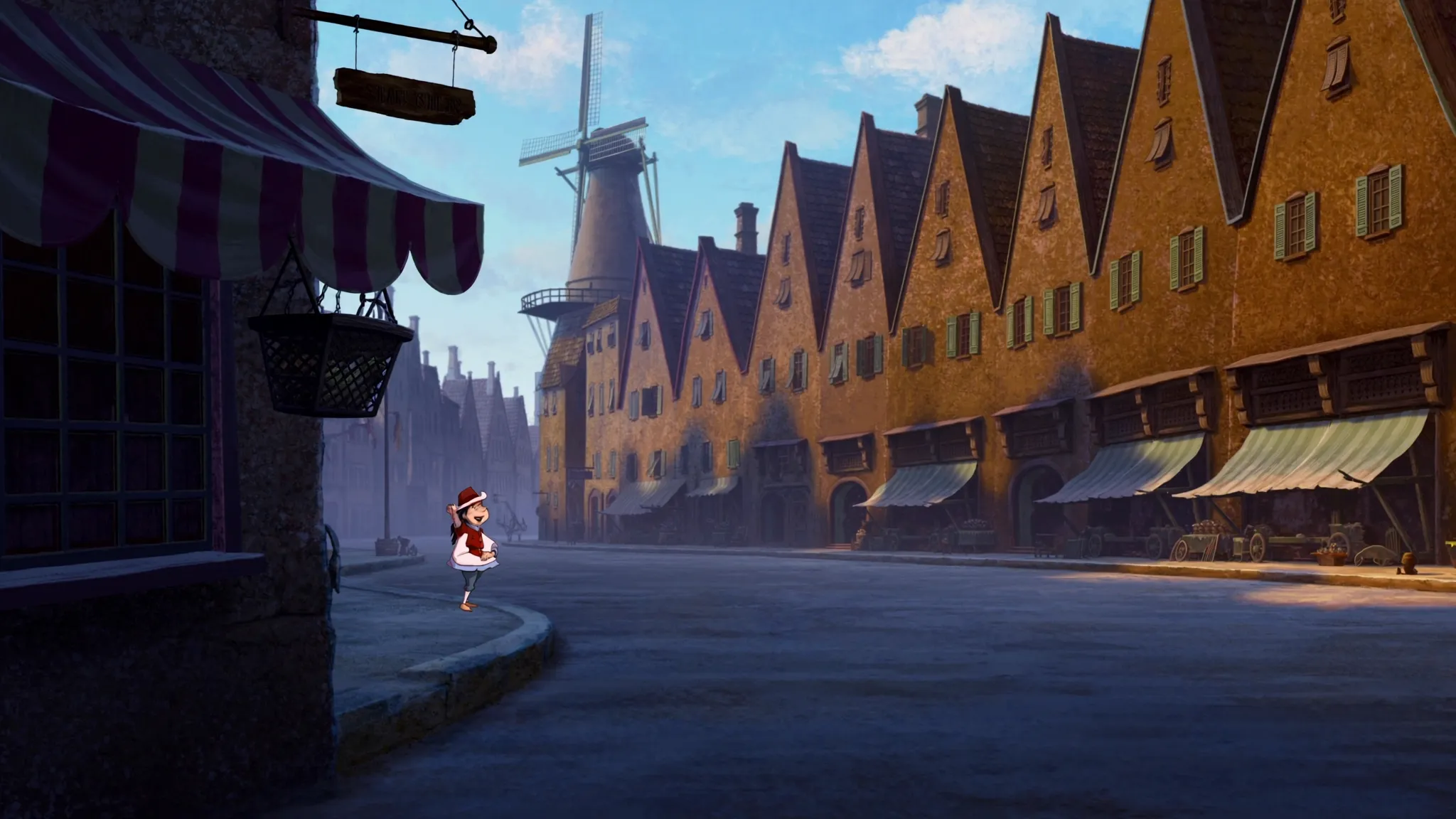A cheerful Dutch colonial street in New Amsterdam with gabled houses and a windmill.
