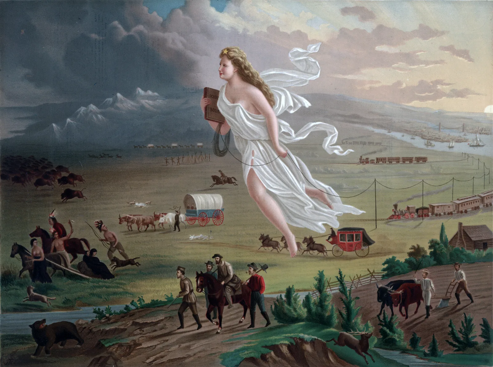 American Progress, an 1872 painting by John Gast. A giant woman in white robes, Columbia, floats westward over the plains carrying a schoolbook and stringing telegraph wire. Behind her to the right, the East glows with cities, bridges, ships, and three railroad trains. Below her, settlers walk with covered wagons, stagecoaches, and plows. At the dark left edge, Native people on horseback, a buffalo herd, and a bear move into shadow ahead of the settlers.