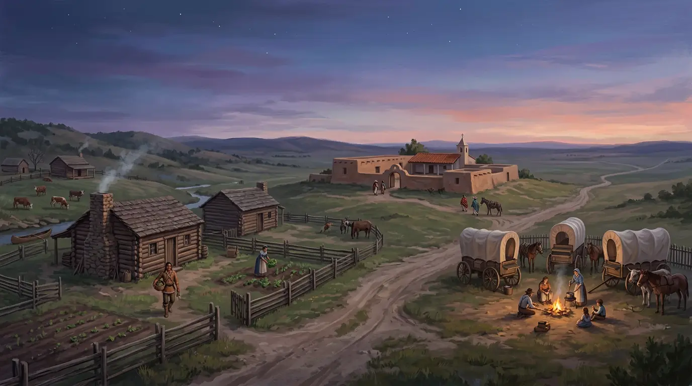 A wide western horizon at dusk: a Cherokee log farmstead with fields on the left, a Mexican adobe rancho in the middle distance, and a pioneer covered-wagon camp with a small fire on the right, all under one evening sky with early stars.