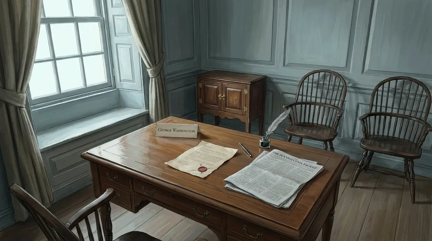 George Washington's writing desk, covered with two chairs, a small cabinet, a name card, a sealed document, and a folded newspaper.