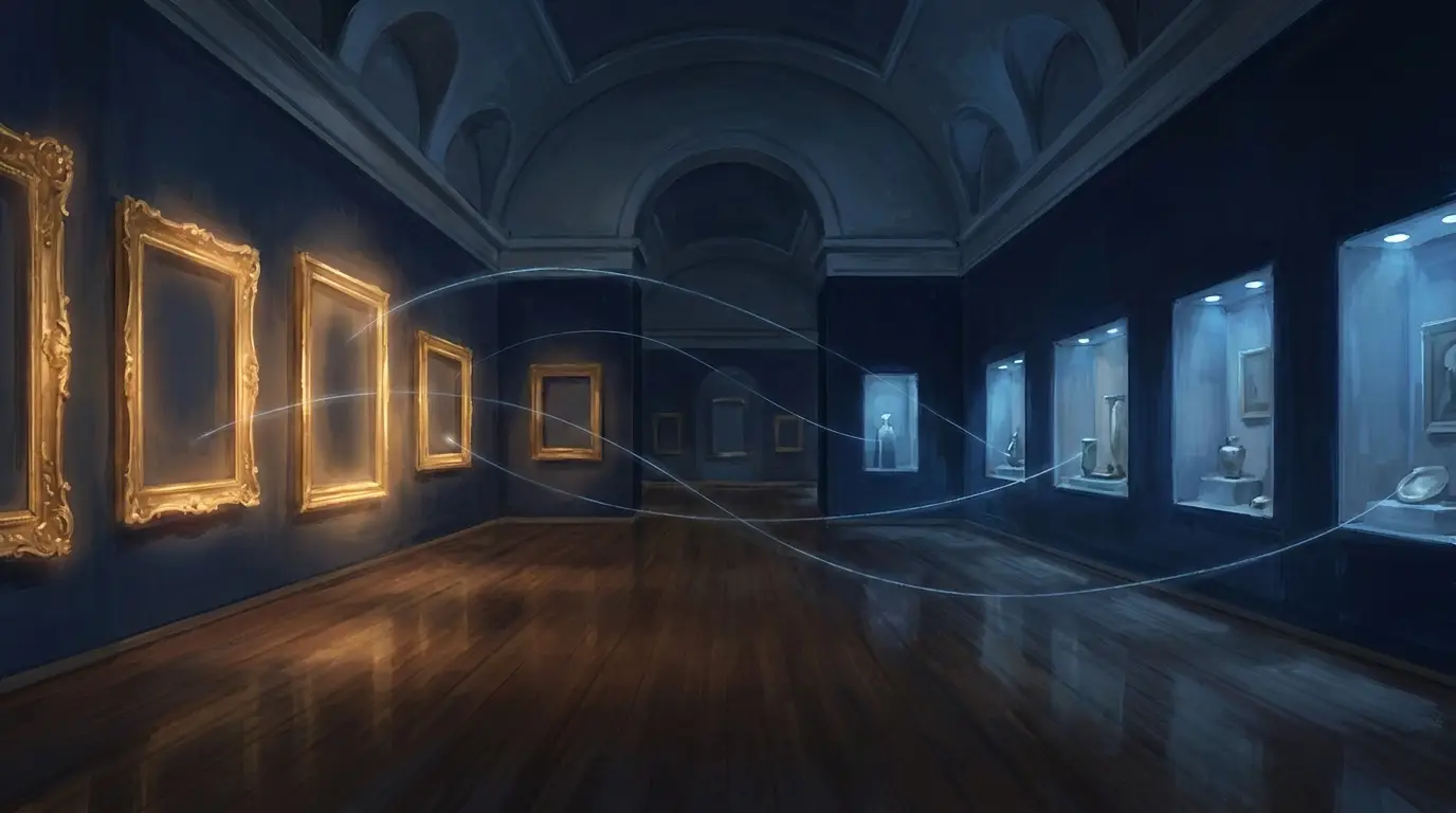 A grand navy museum hall at night, with glowing portrait frames on one side and lit exhibit alcoves on the other, connected by faint threads of light.
