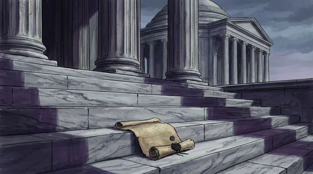 An unread Supreme Court ruling lying on marble steps in long shadow