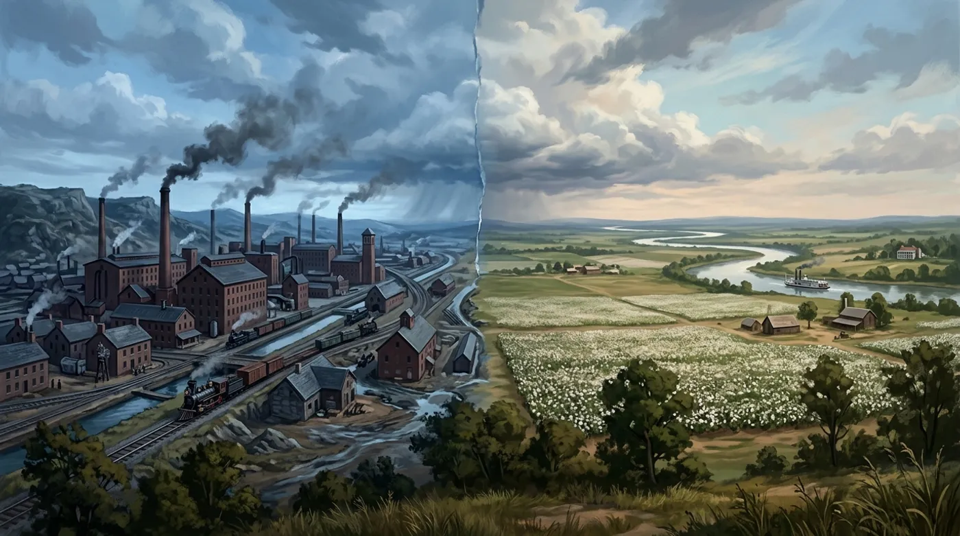 A symbolic split landscape: a Northern factory skyline meeting a Southern cotton field at a seam of sky.