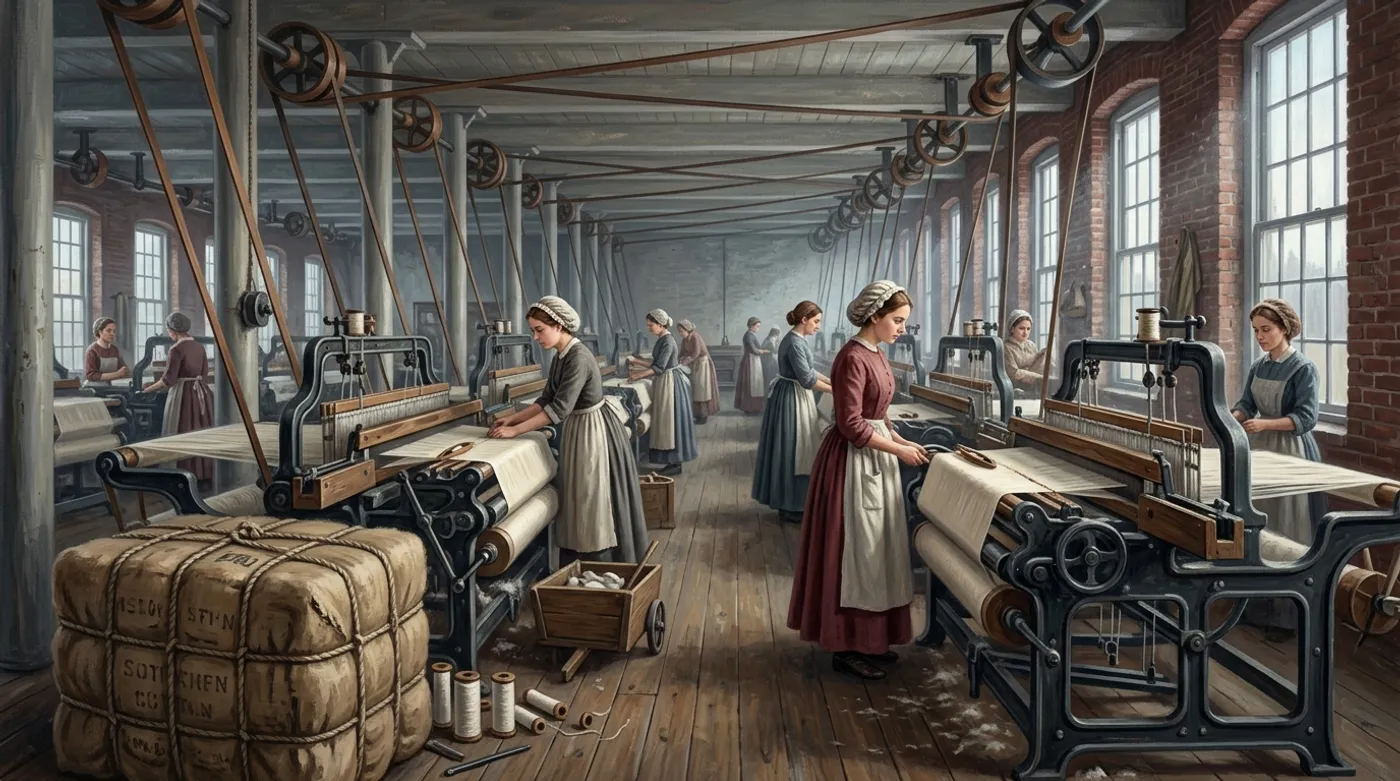 A New England textile mill weaving cloth beside a bale of Southern cotton, 1850.